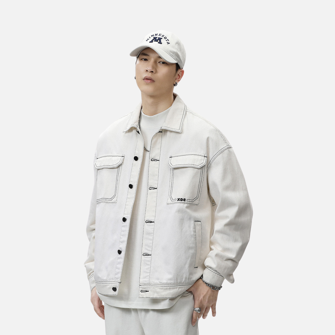 OVERSIZE CONTRAST STITCH JACKET - WHITE